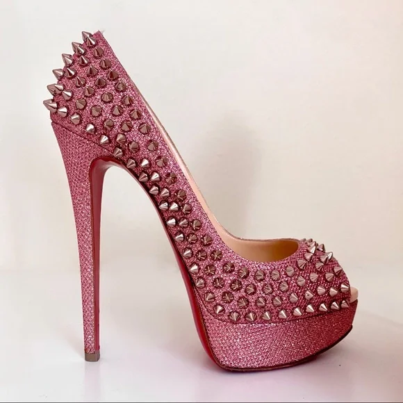 COPY Christian Louboutin Lady Peep 150 Spike Pink Glitter Rare  Louboutins